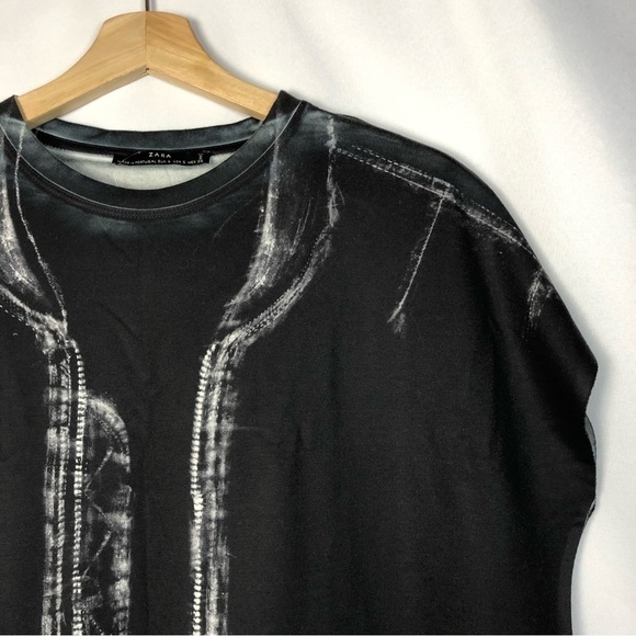 Zara Black Zip Printed Oversized Short Sleeve T-Shirt S - Picture 3 of 4